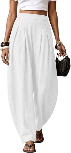 Women Linen Wide Leg Palazzo Barrel Pants Drawstring Casual 2026 Summer Beach Vacation Boho Baggy Pant with Pockets in Kuwait