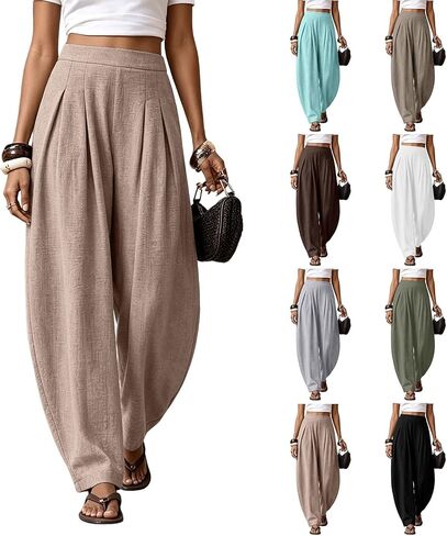 Women Linen Wide Leg Palazzo Barrel Pants Drawstring Casual 2026 Summer Beach Vacation Boho Baggy Pant with Pockets in Kuwait