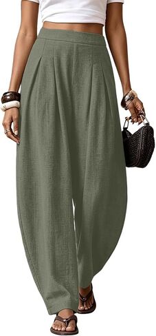 Women Linen Wide Leg Palazzo Barrel Pants Drawstring Casual 2026 Summer Beach Vacation Boho Baggy Pant with Pockets in Kuwait