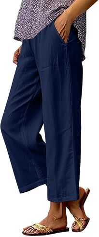Linen Pants Women Wide Leg Cropped Palazzo Ankle Length Pant Summer Casual Plus Size Trousers with Pockets in Kuwait