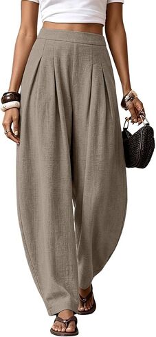 Women Linen Wide Leg Palazzo Barrel Pants Drawstring Casual 2026 Summer Beach Vacation Boho Baggy Pant with Pockets in Kuwait