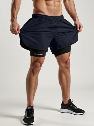 Mens Running Shorts 2 in 1 Gym Workout Shorts Quick Dry Athletic Short with Liner in Kuwait