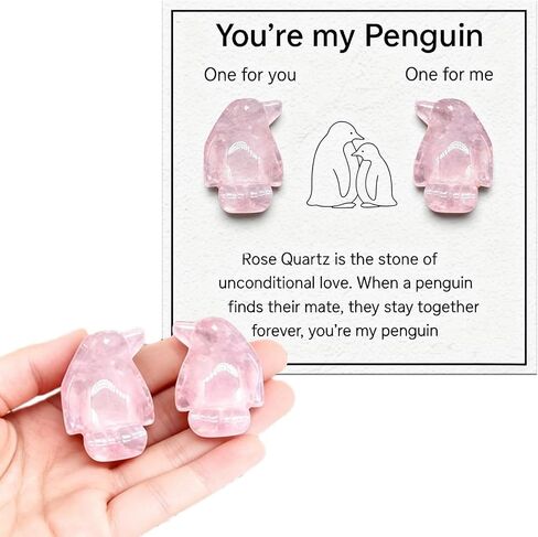 2 Cute Rose Quartz Penguin Healing Crystal Gifts for Women, Anxiety Relief Worry Stones for Stress & Anxiety, Crystal Animal Ornaments for Boyfriend Girlfriend Wife Husband Friendship (His Hers Set) in Saudi Arabia