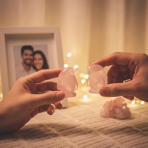 2 Cute Rose Quartz Penguin Healing Crystal Gifts for Women, Anxiety Relief Worry Stones for Stress & Anxiety, Crystal Animal Ornaments for Boyfriend Girlfriend Wife Husband Friendship (His Hers Set) in Saudi Arabia