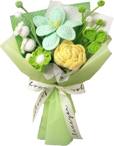 Crochet Flower Bouquet,Handmade Knitted Artificial Flowers Crocheted Rose Lily of the Valley Bouquet Graduation Father's Day Birthday Valentine Day Wedding Anniversary Party Gifts,Home Decor in Kuwait
