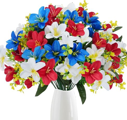 6 Bundles Patriotic Artificial Flowers Red White and Blue Flowers Artificial Lily Flowers Silk Flowers for Outdoors for Memorial Day Home Spring Indoor Outside Porch Cemetery Grave Decoration in Kuwait