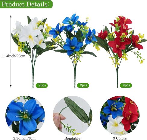 6 Bundles Patriotic Artificial Flowers Red White and Blue Flowers Artificial Lily Flowers Silk Flowers for Outdoors for Memorial Day Home Spring Indoor Outside Porch Cemetery Grave Decoration in Kuwait