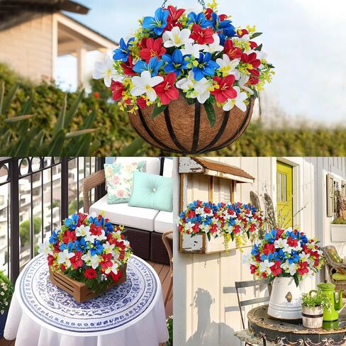 6 Bundles Patriotic Artificial Flowers Red White and Blue Flowers Artificial Lily Flowers Silk Flowers for Outdoors for Memorial Day Home Spring Indoor Outside Porch Cemetery Grave Decoration in Kuwait