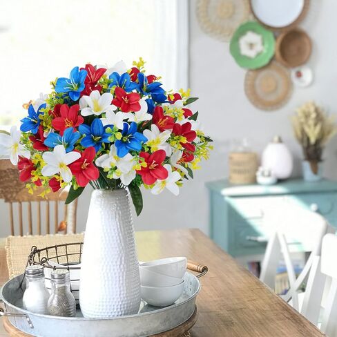 6 Bundles Patriotic Artificial Flowers Red White and Blue Flowers Artificial Lily Flowers Silk Flowers for Outdoors for Memorial Day Home Spring Indoor Outside Porch Cemetery Grave Decoration in Kuwait