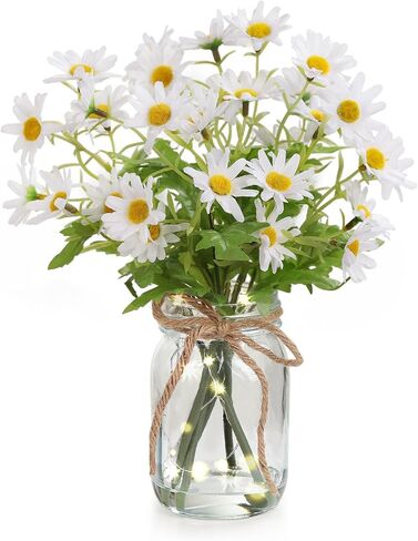 Artificial Daisy Flowers in Glass Vase with Faux Water, White Faux Silk Daisies with Stems for Centerpiece Decor, Fake Wildflowers with Lights for Home Office Farmhouse Wedding Decoration in Saudi Arabia