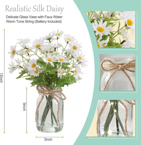 Artificial Daisy Flowers in Glass Vase with Faux Water, White Faux Silk Daisies with Stems for Centerpiece Decor, Fake Wildflowers with Lights for Home Office Farmhouse Wedding Decoration in Saudi Arabia