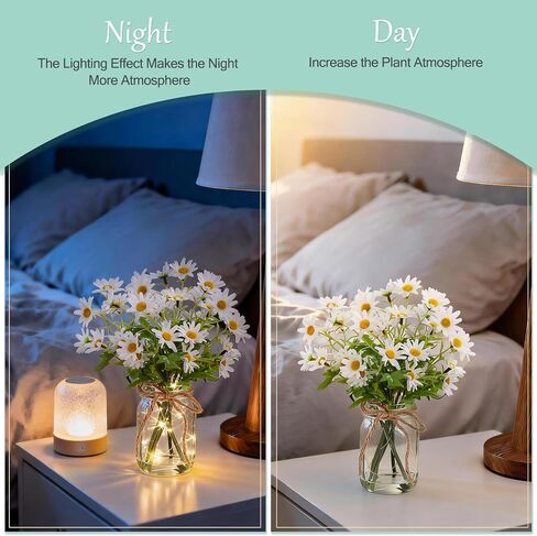 Artificial Daisy Flowers in Glass Vase with Faux Water, White Faux Silk Daisies with Stems for Centerpiece Decor, Fake Wildflowers with Lights for Home Office Farmhouse Wedding Decoration in Saudi Arabia