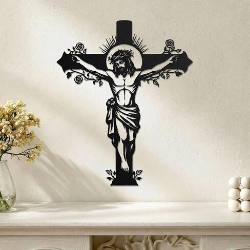 Black Metal Jesus Cross Wall Decor, 15''x12'' Crucifix Gifts Blessed for Mother's Day Women Grandma Friends,Modern Farmhouse Wall Sculpture Christian Housewarming Decoration for Entryway Bedroom Living Room Church Home Office Indoor Outdoor in Saudi Arabia