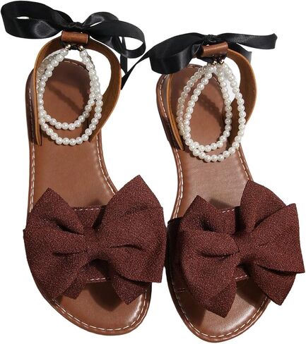 GORGLITTER Women's Bow Pearl Ankle Strap Sandals Summer Vacation Knot Open Toe Slip On Slide Flat Sandals in Kuwait