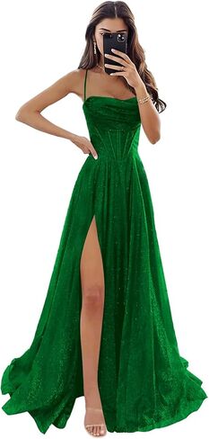 Women's Spaghetti Straps Glitter Tulle Prom Dress with Slit Cowl Neck Long Evening Formal Party Gown in Saudi Arabia