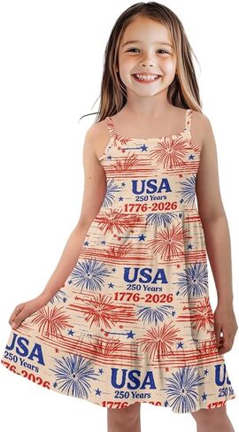 Girls Fourth of July Dress 3-14 Y Kids Spaghetti Strap Tiered Midi Dresses Sleeveless Holiday Party Sundress in Saudi Arabia