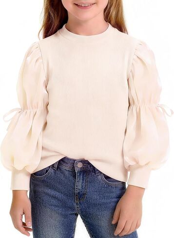 Girls Long Sleeve Shirts Puff Sleeve Top with Bow Kids Crewneck Rib Knit Dressy Blouse 2-12 Years in Saudi Arabia