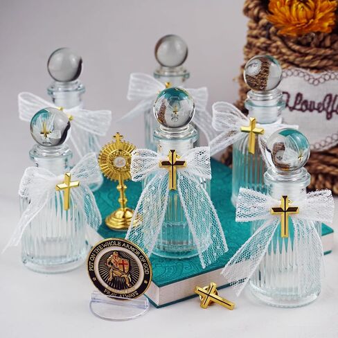 20 Set Baptism Favors for Holy Water Bottles with Cross Catholic Christian Water Container Lace Bow for Holy Communion Gifts Church Wedding Baptism Favors in Kuwait