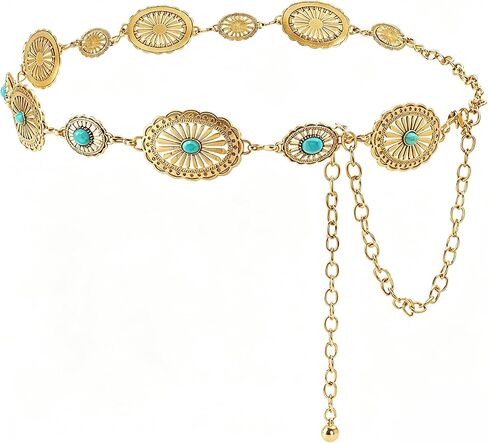 Western Turquoise Concho Chain Belts for Cowgirl, Metal Hollow Boho Floral Design Womens Belt for Dresses Jeans Pants in Kuwait