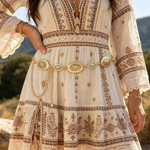 Western Turquoise Concho Chain Belts for Cowgirl, Metal Hollow Boho Floral Design Womens Belt for Dresses Jeans Pants in Kuwait