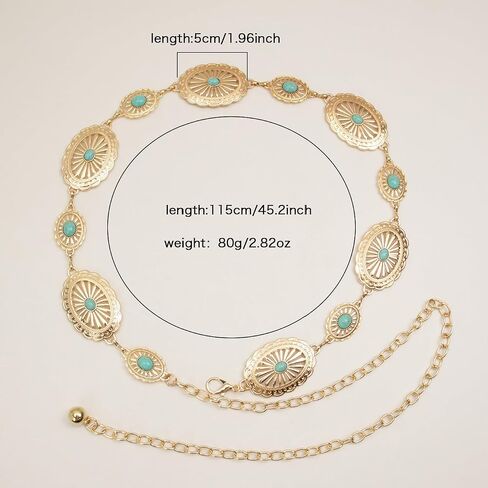 Western Turquoise Concho Chain Belts for Cowgirl, Metal Hollow Boho Floral Design Womens Belt for Dresses Jeans Pants in Kuwait