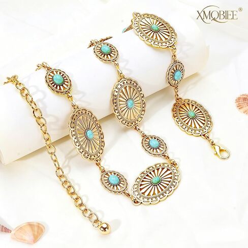 Western Turquoise Concho Chain Belts for Cowgirl, Metal Hollow Boho Floral Design Womens Belt for Dresses Jeans Pants in Kuwait