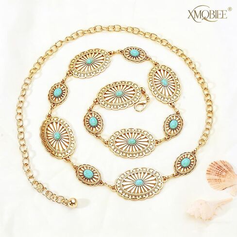 Western Turquoise Concho Chain Belts for Cowgirl, Metal Hollow Boho Floral Design Womens Belt for Dresses Jeans Pants in Kuwait