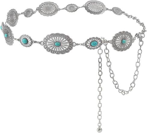 Western Turquoise Concho Chain Belts for Cowgirl, Metal Hollow Boho Floral Design Womens Belt for Dresses Jeans Pants in Kuwait