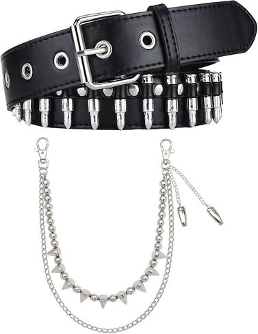 Bullet Belt and Spike Belt with Bullet Pendant Punk Rock Belts Y2k Adjustable Studded Chains for Pants in Saudi Arabia