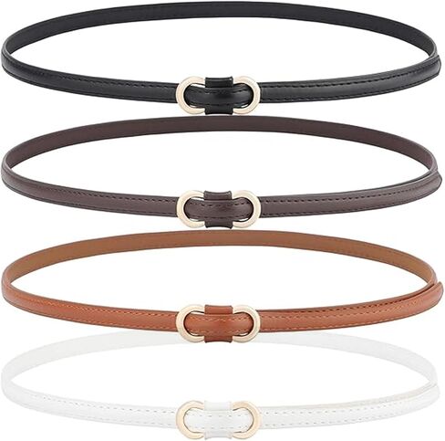 4 Pack Adjustable Skinny Belts for Women, No Hole Thin Waist Belts with Gold Buckle, Fashion Skinny Belts for Dress Jeans Coats Pants Ladies Thin Faux Leather Strap in Saudi Arabia