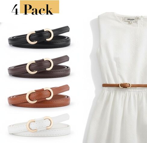 4 Pack Adjustable Skinny Belts for Women, No Hole Thin Waist Belts with Gold Buckle, Fashion Skinny Belts for Dress Jeans Coats Pants Ladies Thin Faux Leather Strap in Saudi Arabia