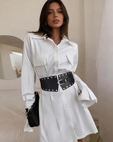 Women Wide Elastic Belt Studded Rivets Stylish Waist Cinch Belt for Dresses Coat in Saudi Arabia