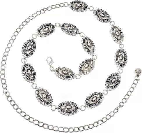 UTOWO Boho-Style Concho-Oval Women-Belt for Dresses Jeans Western-Cowgirl Metal-Chain-Belt Adjustable fit for 26-40" Waist in Kuwait