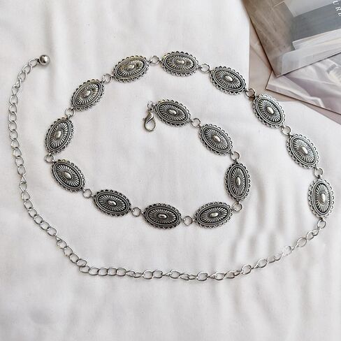 UTOWO Boho-Style Concho-Oval Women-Belt for Dresses Jeans Western-Cowgirl Metal-Chain-Belt Adjustable fit for 26-40" Waist in Kuwait