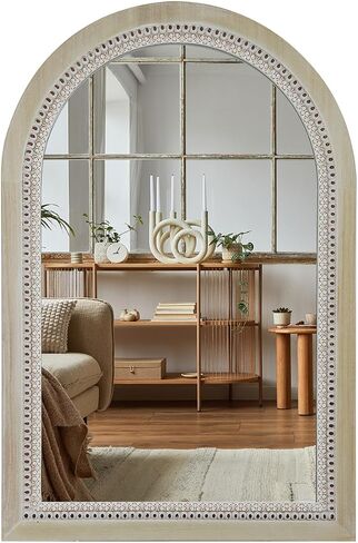 Arched Wooden Mirrors for Farmhouse Wall Decor Arched Wood Frame With Beads Details, Rustic Large Bathroom Vanity Mirrors for Bathroom, Over Sink, Bedroom, Living Room, Entryway,Foyer (36''Lx24''W) in Saudi Arabia