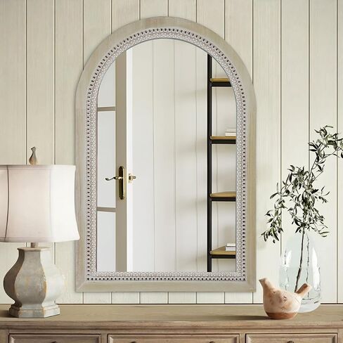 Arched Wooden Mirrors for Farmhouse Wall Decor Arched Wood Frame With Beads Details, Rustic Large Bathroom Vanity Mirrors for Bathroom, Over Sink, Bedroom, Living Room, Entryway,Foyer (36''Lx24''W) in Saudi Arabia