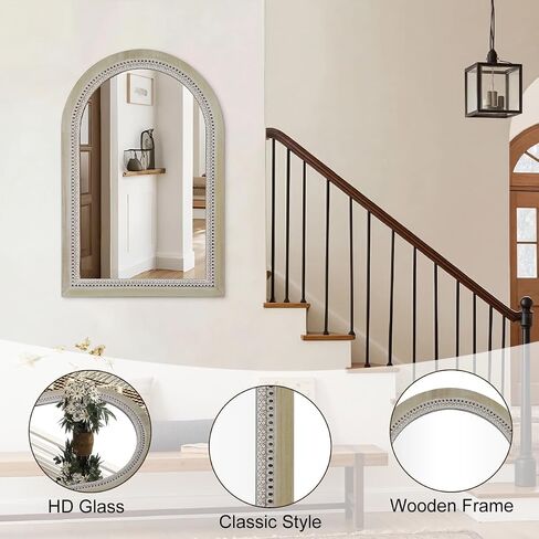 Arched Wooden Mirrors for Farmhouse Wall Decor Arched Wood Frame With Beads Details, Rustic Large Bathroom Vanity Mirrors for Bathroom, Over Sink, Bedroom, Living Room, Entryway,Foyer (36''Lx24''W) in Saudi Arabia