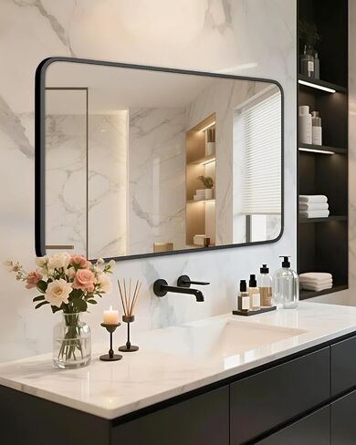24" x 36" Bathroom Mirror Black Bathroom Mirrors for Over Sink Modern Bathroom Vanity Mirror for Bedroom Entryway or Living, Metal Framed HD Tempered Glass Room Horizontal or Vertical in Kuwait