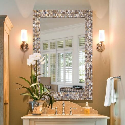 Chende Large Wall Mirrors for Decor, 40'' x 28.3'' Yellow White Mosaic Mirror with Capiz Shell Inlay, Modern Decorative Mirror for Living Room, Bathroom Vanity, Fireplace, Entryway in Saudi Arabia