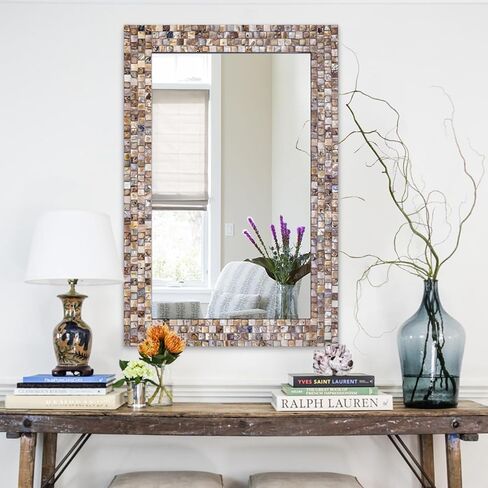Chende Large Wall Mirrors for Decor, 40'' x 28.3'' Yellow White Mosaic Mirror with Capiz Shell Inlay, Modern Decorative Mirror for Living Room, Bathroom Vanity, Fireplace, Entryway in Saudi Arabia