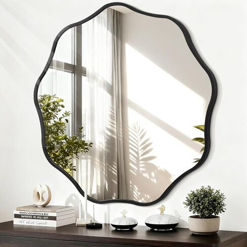 Black Round Wavy Mirror for Wall Decorative 28'' Modern Circle Mirrors Metal Frame Wall Mirror for Bathroom Bedroom Living Room Entryway Home Decor in Saudi Arabia