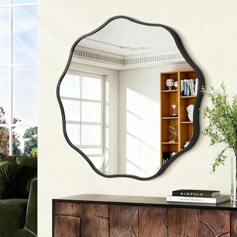 Black Round Wavy Mirror for Wall Decorative 28'' Modern Circle Mirrors Metal Frame Wall Mirror for Bathroom Bedroom Living Room Entryway Home Decor in Saudi Arabia