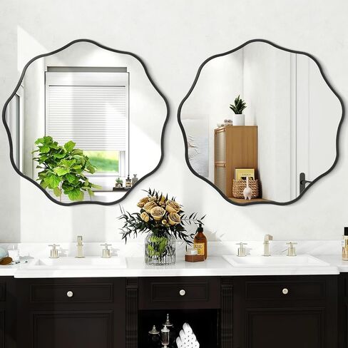 Black Round Wavy Mirror for Wall Decorative 28'' Modern Circle Mirrors Metal Frame Wall Mirror for Bathroom Bedroom Living Room Entryway Home Decor in Saudi Arabia