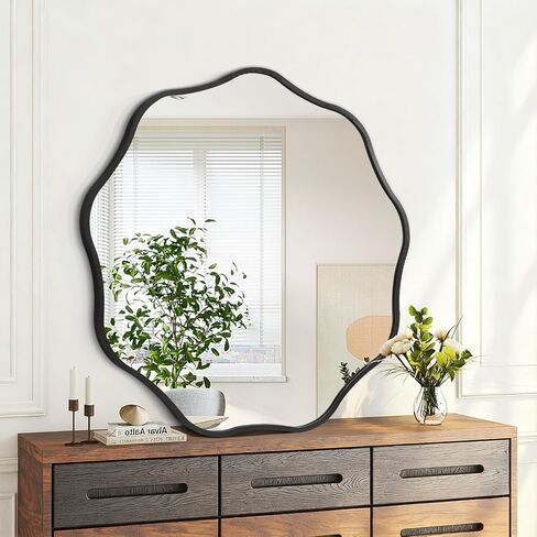 Black Round Wavy Mirror for Wall Decorative 28'' Modern Circle Mirrors Metal Frame Wall Mirror for Bathroom Bedroom Living Room Entryway Home Decor in Saudi Arabia