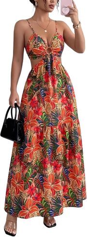 Floerns Women's Cut Out Tie Back Boho Maxi Dress Spaghetti Strap Beach Vacation Tiered Long Dresses in Saudi Arabia
