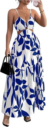 Floerns Women's Cut Out Tie Back Boho Maxi Dress Spaghetti Strap Beach Vacation Tiered Long Dresses in Saudi Arabia