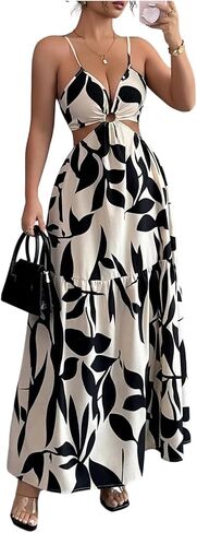 Floerns Women's Cut Out Tie Back Boho Maxi Dress Spaghetti Strap Beach Vacation Tiered Long Dresses in Saudi Arabia