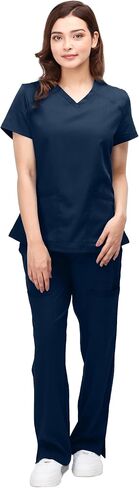 NY Threads Medical Scrub Set for Women, 1 Scrub Top and 1 Scrub Pant Loose Fit, Soft Stretch, Large, Navy in Kuwait