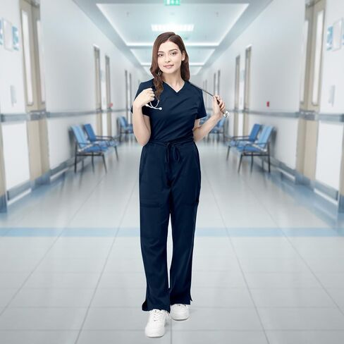 NY Threads Medical Scrub Set for Women, 1 Scrub Top and 1 Scrub Pant Loose Fit, Soft Stretch, Large, Navy in Kuwait