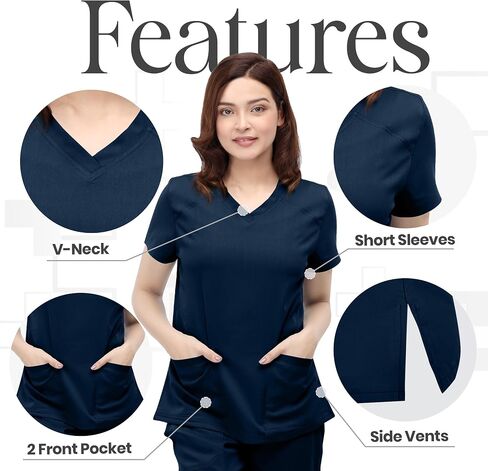 NY Threads Medical Scrub Set for Women, 1 Scrub Top and 1 Scrub Pant Loose Fit, Soft Stretch, Large, Navy in Kuwait